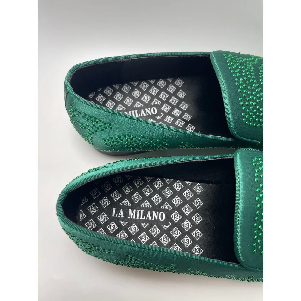 La Milano Mens Emerald Green Satin Rhinestone Studded Loafers Slip On Shoes 14